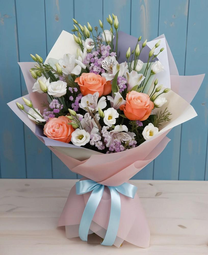 Букет цветов из: Лизиантусы, Розы, Альстромерии и Гипсофила в Россоше