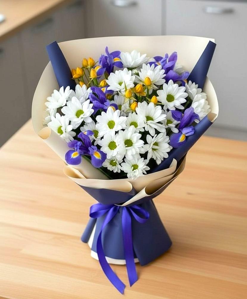 Букет цветов из: Розы, Ирисы и Хризантемы в Россоше